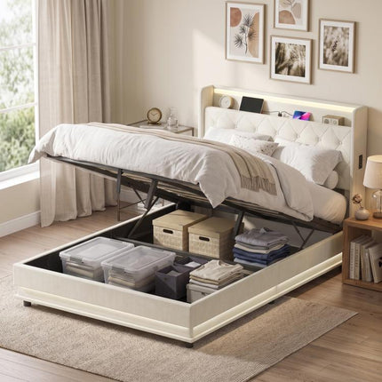 Ottoman Double Bed Frame with 360 Degrees LED Lights, Cream White 135x190cm