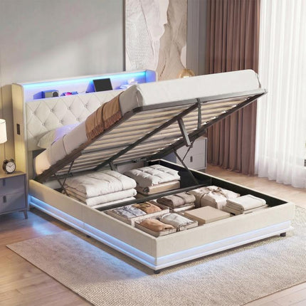 Ottoman Double Bed Frame with 360 Degrees LED Lights, Cream White 135x190cm
