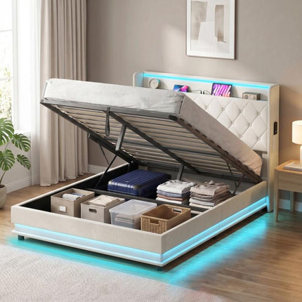 Ottoman Double Bed Frame with 360 Degrees LED Lights, Cream White 135x190cm