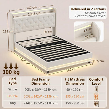 Ottoman Double Bed Frame with 360 Degrees LED Lights, Cream White 135x190cm