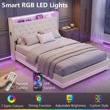 Ottoman Double Bed Frame with 360 Degrees LED Lights, Cream White 135x190cm