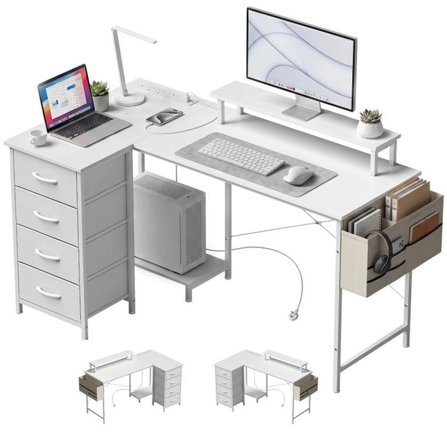 Reversible L Shaped Desk with Drawers USB Ports 150 x 80 cm White