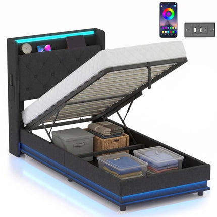 Ottoman Single Bed Frame with 360 Degrees LED Lights, Black, 90x190cm