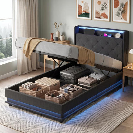 Ottoman Single Bed Frame with 360 Degrees LED Lights, Black, 90x190cm