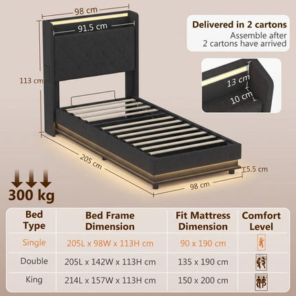 Ottoman Single Bed Frame with 360 Degrees LED Lights, Black, 90x190cm
