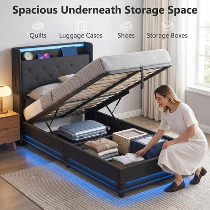 Ottoman Single Bed Frame with 360 Degrees LED Lights, Black, 90x190cm