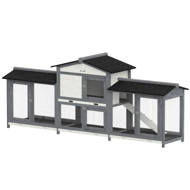 Large Rabbit Hutch 2-Tier Wooden Ramp 230 x 53 x 93.5cm Light Grey