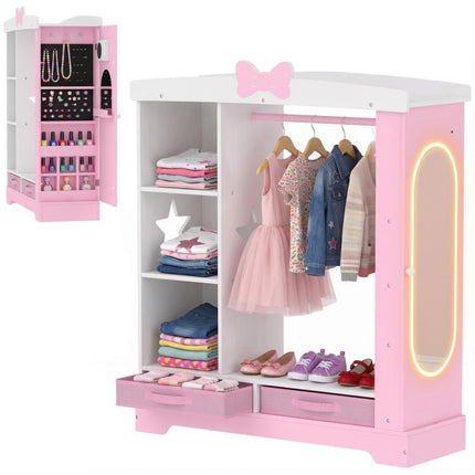 Kids Wardrobe, Children Dress Up Storage, Lighted Mirror, Pink