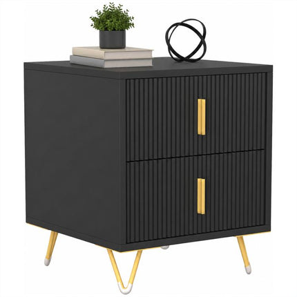 Bedside Table Small Fluted Cabinet 2 Drawers Hairpin Legs Black