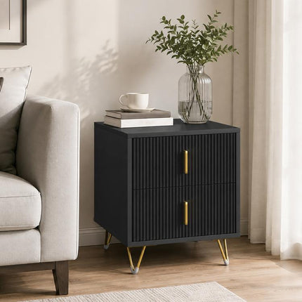 Bedside Table Small Fluted Cabinet 2 Drawers Hairpin Legs Black