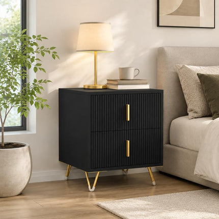 Bedside Table Small Fluted Cabinet 2 Drawers Hairpin Legs Black