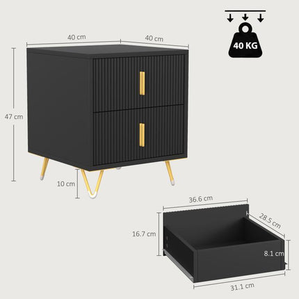 Bedside Table Small Fluted Cabinet 2 Drawers Hairpin Legs Black