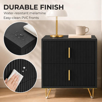 Bedside Table Small Fluted Cabinet 2 Drawers Hairpin Legs Black