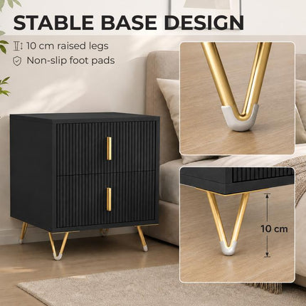 Bedside Table Small Fluted Cabinet 2 Drawers Hairpin Legs Black