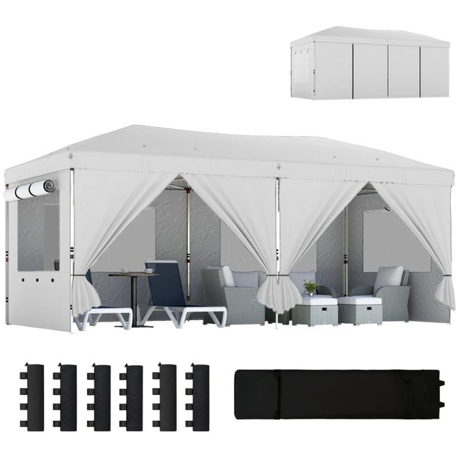 3 x 6 m Pop Up Canopy with UV50+ Protection Garden Gazebo with 6 Sidewalls, White