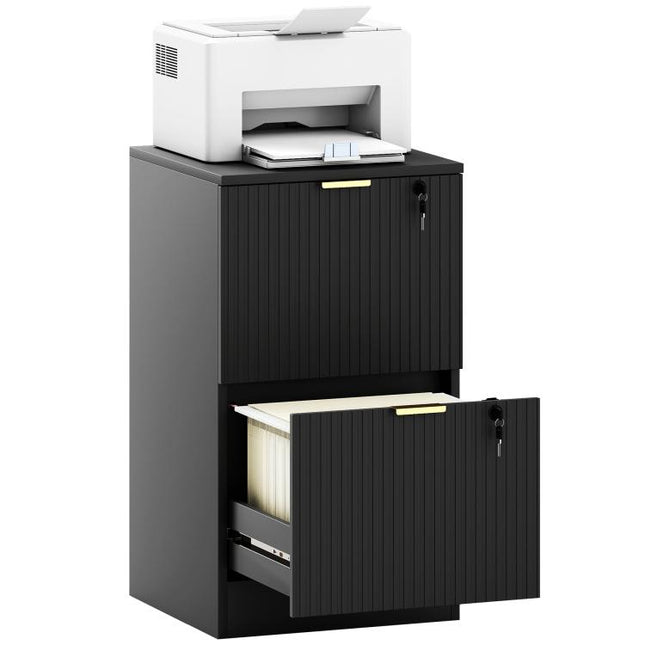 Filing Cabinet, Fluted Vertical File Cabinet with 2 Lockable Drawers and Hanging Rails, Black