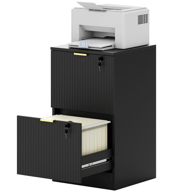 Filing Cabinet, Fluted Vertical File Cabinet with 2 Lockable Drawers and Hanging Rails, Black