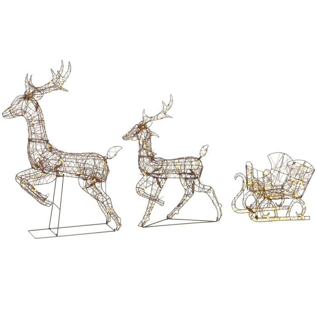 3-Piece Lighted Reindeer and Sleigh Set, PP Rattan Outdoor Christmas Decoration with LEDs, 8 Modes, Daily Timer