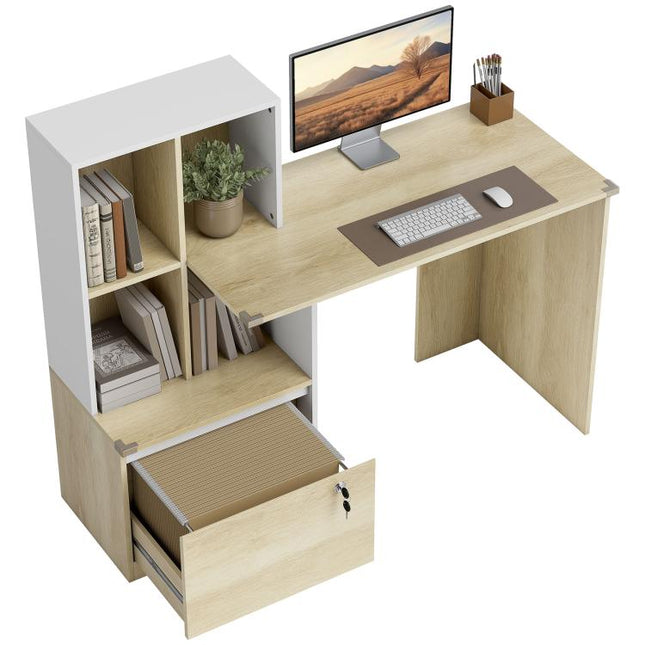 Computer Desk, Office Desk with Bookshelf, File Drawer and Legal Hanging File Holders, Oak Wood Effect