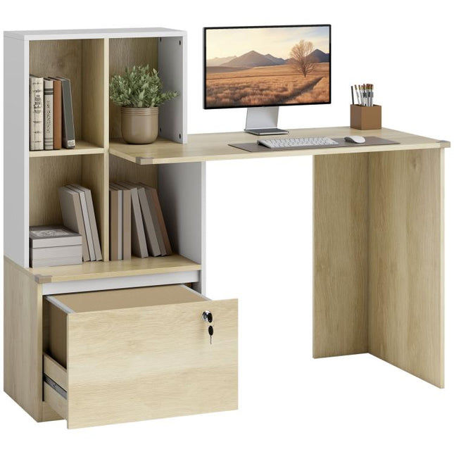 Computer Desk, Office Desk with Bookshelf, File Drawer and Legal Hanging File Holders, Oak Wood Effect