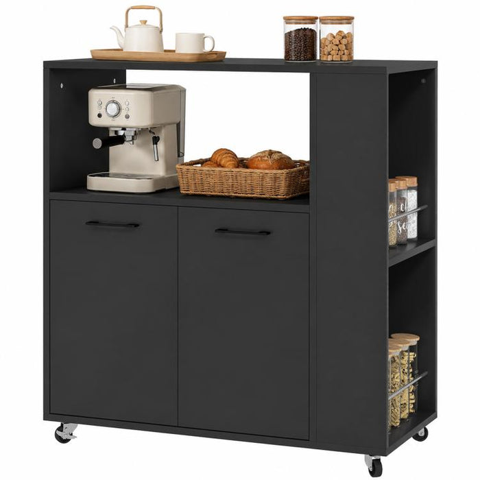 Kitchen Trolley on Wheels, Rolling Kitchen Island Cart with 2-Door Cabinet, Spice Rack and Adjustable Shelf, Black