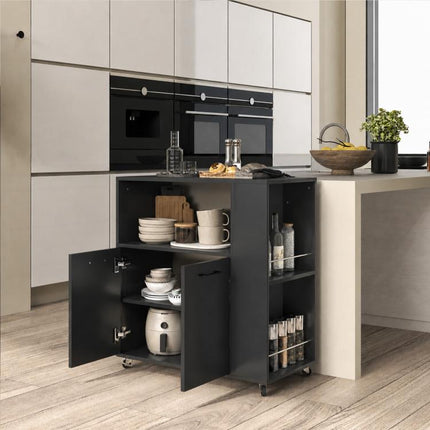 Kitchen Trolley on Wheels, Rolling Kitchen Island Cart with 2-Door Cabinet, Spice Rack and Adjustable Shelf, Black