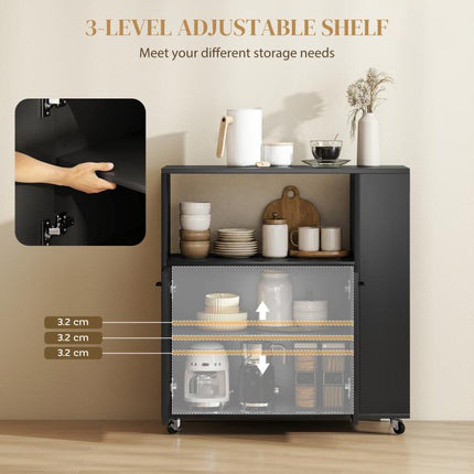 Kitchen Trolley on Wheels, Rolling Kitchen Island Cart with 2-Door Cabinet, Spice Rack and Adjustable Shelf, Black