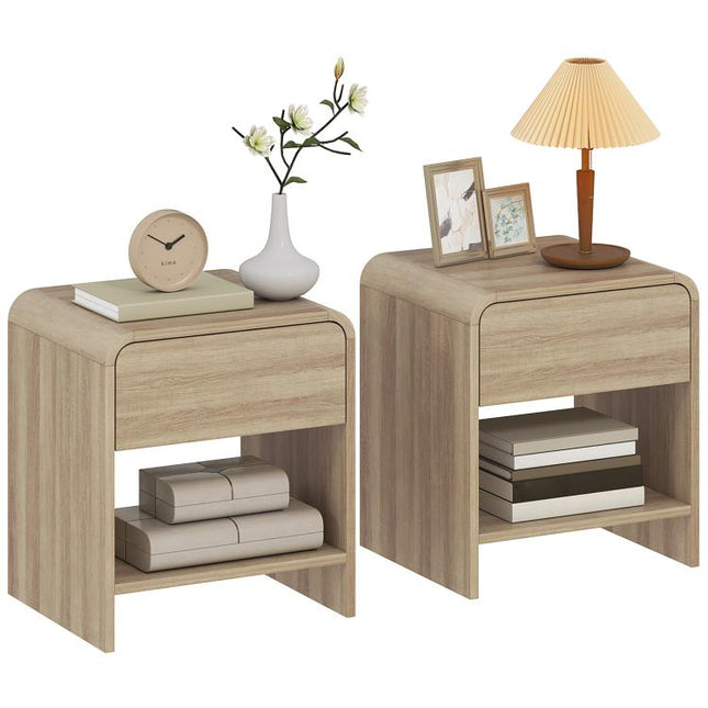 Bedside Tables Set of 2, Nightstands with Rounded Corners, Modern Side Table with Silent Drawer for Bedroom, Natural