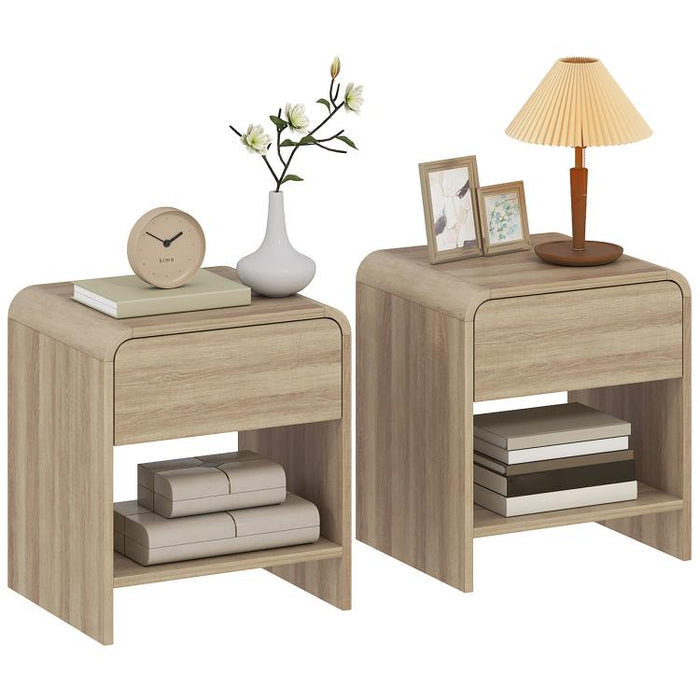Bedside Tables Set of 2, Nightstands with Rounded Corners, Modern Side Table with Silent Drawer for Bedroom, Natural