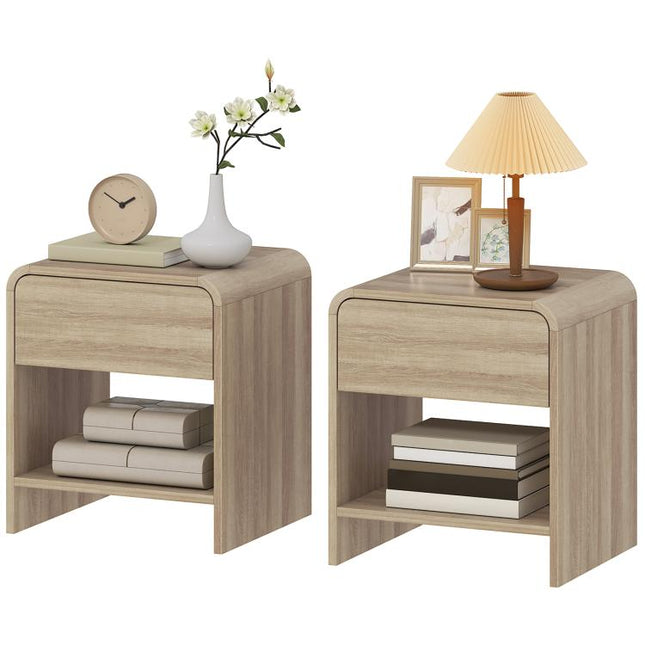Bedside Tables Set of 2, Nightstands with Rounded Corners, Modern Side Table with Silent Drawer for Bedroom, Natural