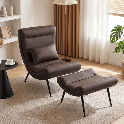 Modern Accent Chair with Footstool, Upholstered Lounge Chair with 64cm Wide Seat, Lumbar Pillow, Trapezoidal Backrest