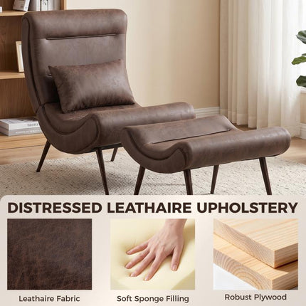 Modern Accent Chair with Footstool, Upholstered Lounge Chair with 64cm Wide Seat, Lumbar Pillow, Trapezoidal Backrest
