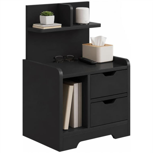 Bedside Table, Small Bedside Cabinet with 2 Drawers and Storage Shelves for Bedroom, Black Wood Effect