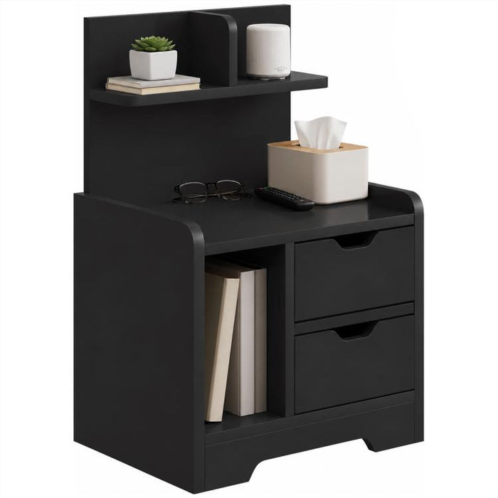 Bedside Table, Small Bedside Cabinet with 2 Drawers and Storage Shelves for Bedroom, Black Wood Effect