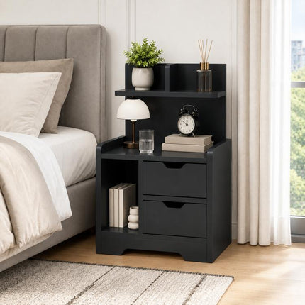 Bedside Table, Small Bedside Cabinet with 2 Drawers and Storage Shelves for Bedroom, Black Wood Effect