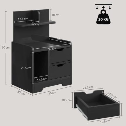 Bedside Table, Small Bedside Cabinet with 2 Drawers and Storage Shelves for Bedroom, Black Wood Effect