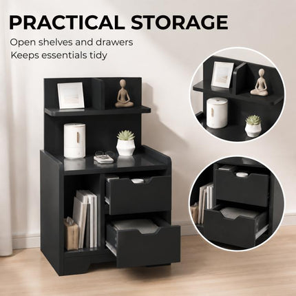Bedside Table, Small Bedside Cabinet with 2 Drawers and Storage Shelves for Bedroom, Black Wood Effect