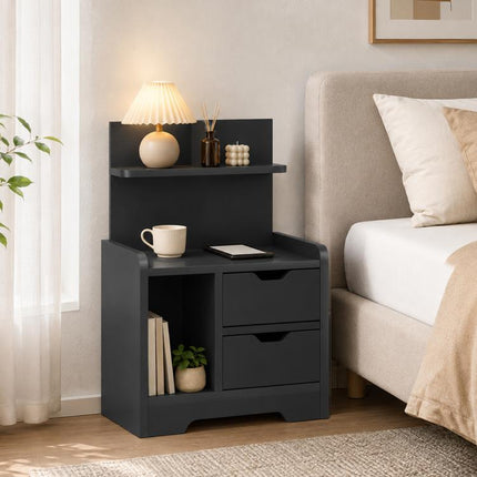 Bedside Table, Small Bedside Cabinet with 2 Drawers and Storage Shelves for Bedroom, Black Wood Effect