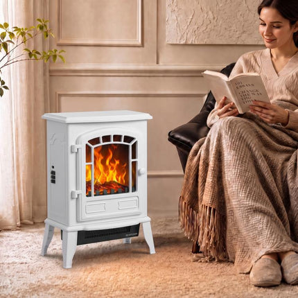 Electric Fireplace Stove, 1000W/2000W, Freestanding Electric Fire with LED Flame Effect, Adjustable Thermostat, White