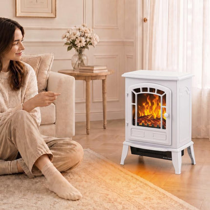 Electric Fireplace Stove, 1000W/2000W, Freestanding Electric Fire with LED Flame Effect, Adjustable Thermostat, White