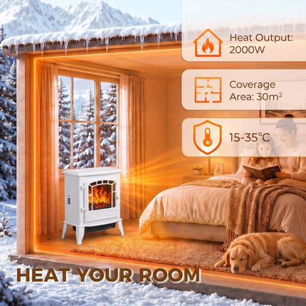 Electric Fireplace Stove, 1000W/2000W, Freestanding Electric Fire with LED Flame Effect, Adjustable Thermostat, White