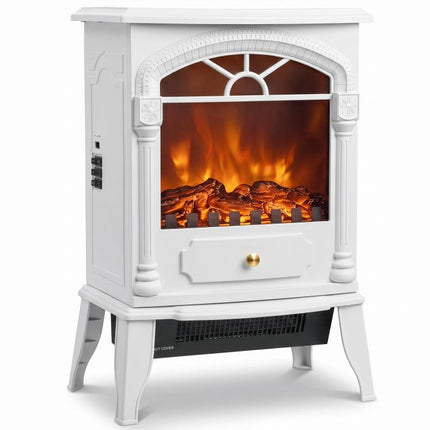 Freestanding Portable Fireplace, Electric Fireplace Stove Heater with 3D Flame Effect and Adjustable Thermostat, White