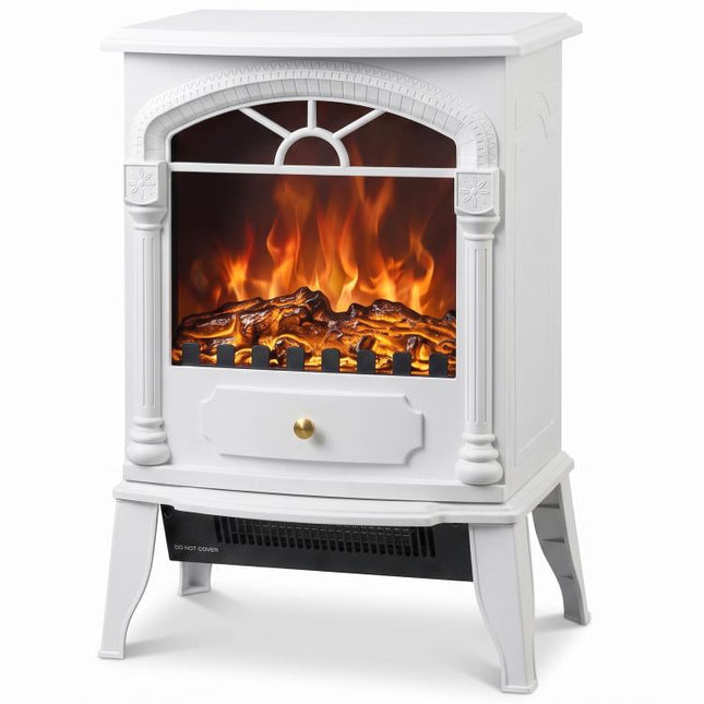 Freestanding Portable Fireplace, Electric Fireplace Stove Heater with 3D Flame Effect and Adjustable Thermostat, White