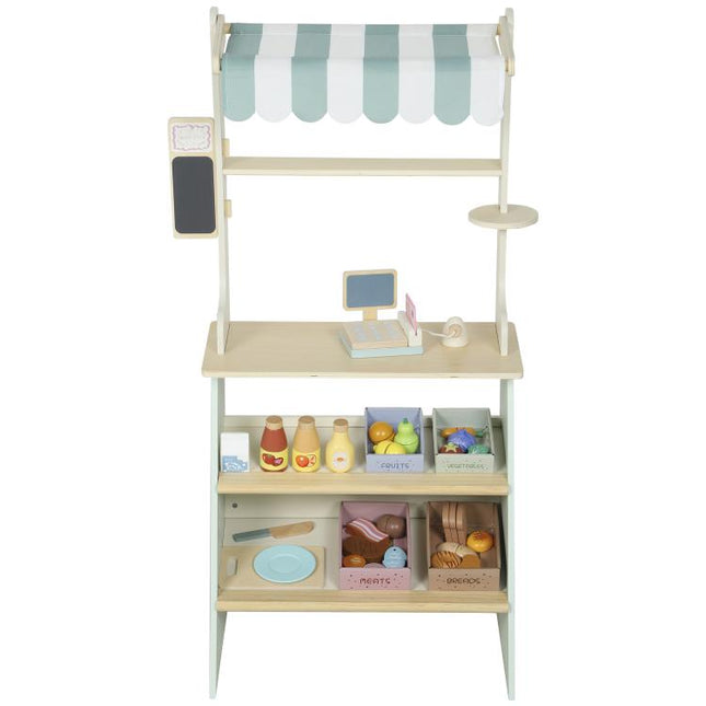 Wooden Toy Shop, Wooden Market Stall with Cash Register, Blackboard and Toy Food, 4 Storage Boxes, Ages 3+, Green