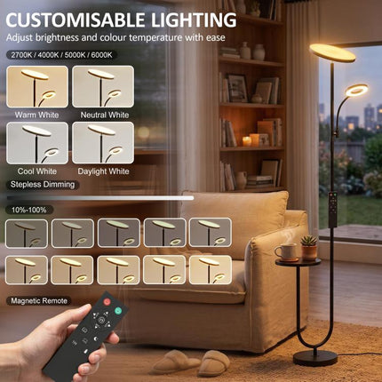 Uplighter Floor Lamp with Table and Reading Light, Dual Light Dimmable Standing Lamp with Remote & 4 Colour Temperatures