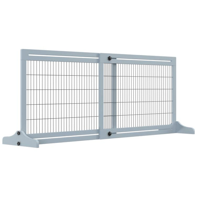 Freestanding Dog Gate, Foldable Pet Fence, Indoor Wood Barrier, Stair Gate with Support Feet, for Doorway, Hallway, Small and Medium Dogs, 69H x 104-180 cm, Blue-grey