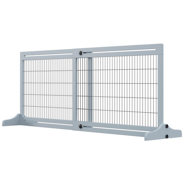 Freestanding Dog Gate, Foldable Pet Fence, Indoor Wood Barrier, Stair Gate with Support Feet, for Doorway, Hallway, Small and Medium Dogs, 69H x 104-180 cm, Blue-grey