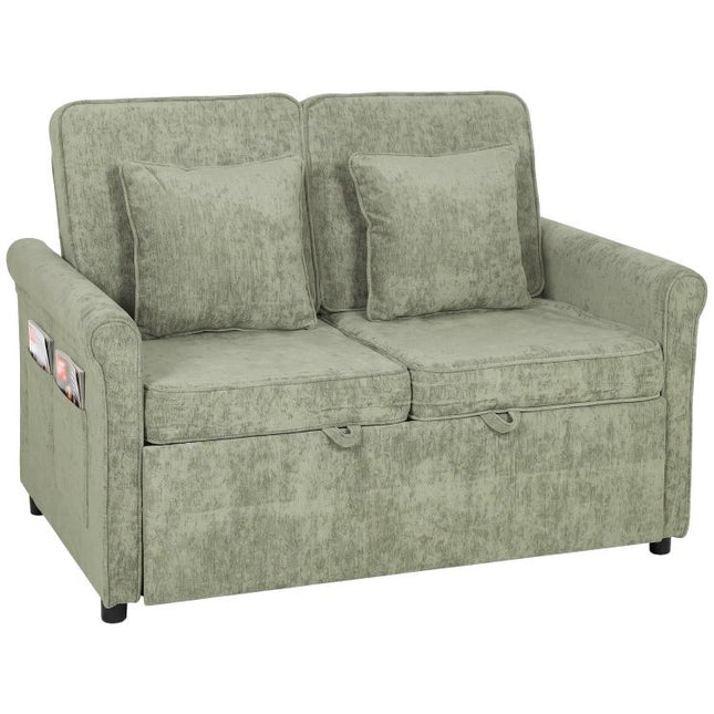 2 Seater Sofa Bed 3-in-1 Convertible Chenille Pull Out Sleeper Sofa with 5-Position Adjustable Backrest, Light Green