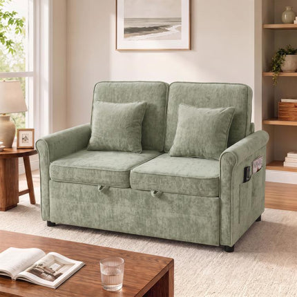 2 Seater Sofa Bed 3-in-1 Convertible Chenille Pull Out Sleeper Sofa with 5-Position Adjustable Backrest, Light Green