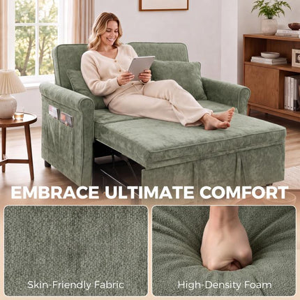 2 Seater Sofa Bed 3-in-1 Convertible Chenille Pull Out Sleeper Sofa with 5-Position Adjustable Backrest, Light Green